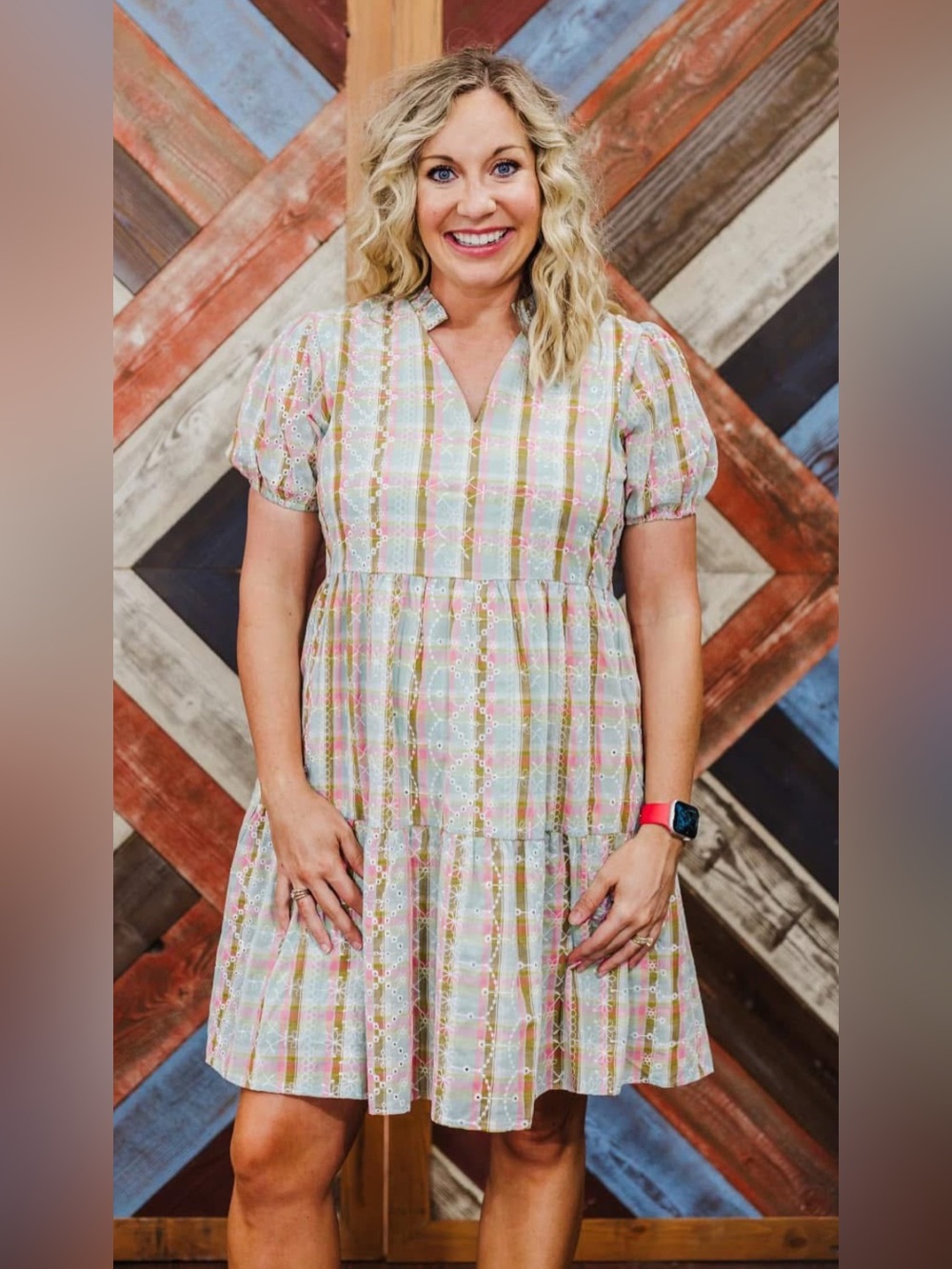 Layerz Clothing A-Line Pastel Eyelet Plaid Midi Medium Dress. 3532